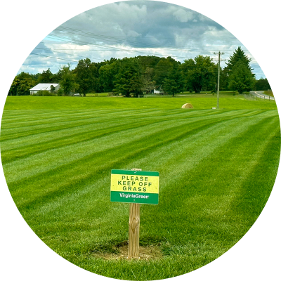 Farm with sign saying Virginia Green. Large field with green lawn.